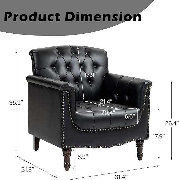 Faux Leather Accent Chairs Set of 4, Upholstered Armchairs with Nailhead Trims & Wood Legs for Living Room, Bedroom, Contemporary Comfy Club Chairs for Office-Black