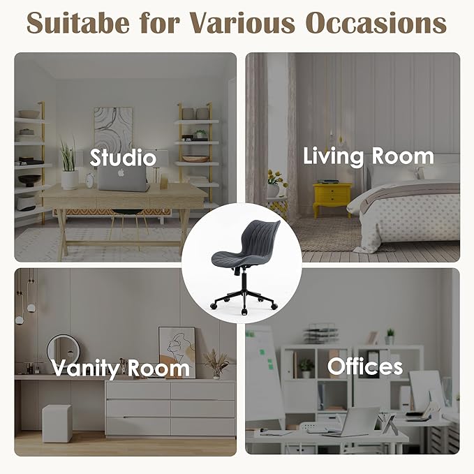YOUNUOKE Armless Desk Chair Comfy Office Chair with Wheels HomeTask Chair Adjustable Computer Chairs Modern PU Leather Swivel Chairs Upholstered Makeup Vanity Chair(Grayish Purple)