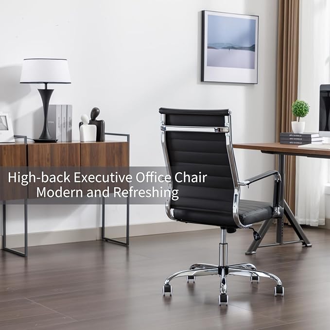 Office Desk Chair Leather, Conference Room Chairs with Wheels, Executive Modern Ergonomic Ribbed Computer Chair