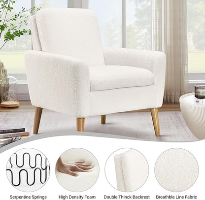 Lohoms White Accent Chair Set of 2 for Living Room, Fluffy Comfy Reading Leisure Chairs for Bedroom, White Teddy Upholstered Sherpa Armchair for Apartment, Small Boucle Sofa Chair with Wood Legs