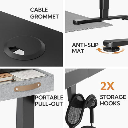 Seang Standing Desk with Drawer, 48" x 24" Height Adjustable Stand Up Desk, 3 Memory Height Settings with Cable Grommets & Storage Hooks, Ideal for Home & Office, Black