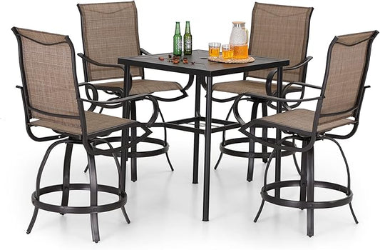 PHI Villa 5PCS Patio Bar Set, Metal Bar Height Table and 4 Outdoor Swivel Bar Chairs with Textilene Fabric and Thickened Black Metal Frame,High Patio Furniture for Garden,Yard