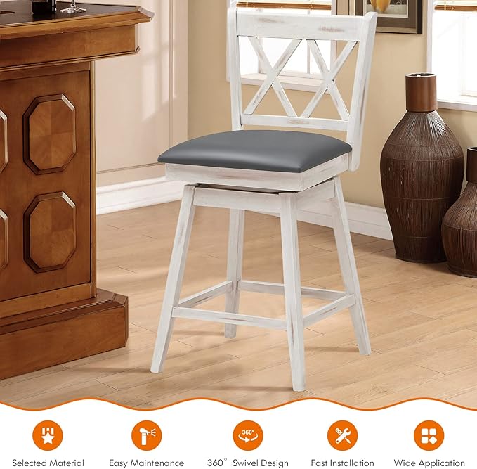 COSTWAY Bar Stool Set of 2, 360° Swivel Counter Height 25inch Bar Stool with Foot Rest Upholstered Cushion & Ergonomic Backrest, Sturdy Frame, for Pub, Kitchen Islands (2, Antique White + Grey)