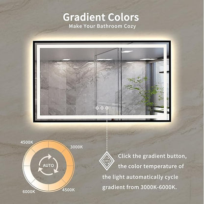 LED Mirror, 60x36 Inch Black Framed Gradient Front and Backlit Bathroom Mirror Black Frame, 3 Colors Dimmable CRI>90, IP54 Enhanced Anti-Fog Wall Mounted Bathroom Vanity Mirror