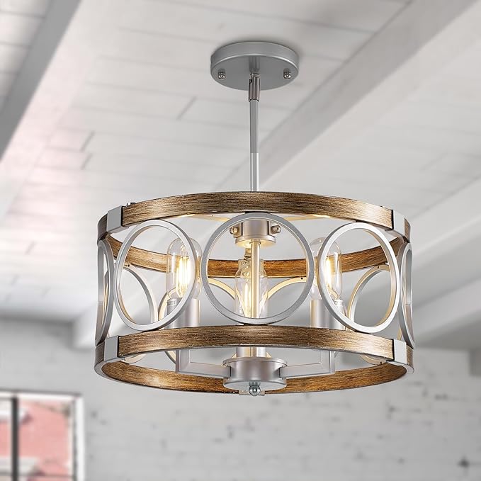 15.7'' Drum Chandelier, 3-Light Adjustable Height Round Dining RoomChandeliers, Silver Light Fixture Ceiling Mount Wood Grain Finish, Farmhouse Ceiling Light Fixture for Hallway