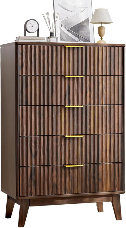 Modern Fluted 5 Drawer Tall Dresser, 48" H, Walnut, Curved Profile Design, Mid Century Wood Chest of Drawers for Bedroom, Living Room, Hallway