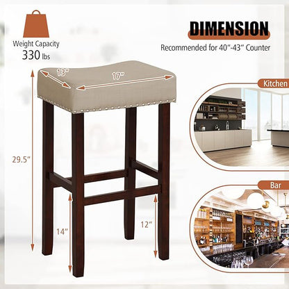 COSTWAY Counter Height Bar Stools Set of 2, 29.5-inch Backless Saddle Stools with Nailhead Trim, Footrest, Max Load 330 Lbs, Upholstered Barstools for Kitchen Island Pub, Beige