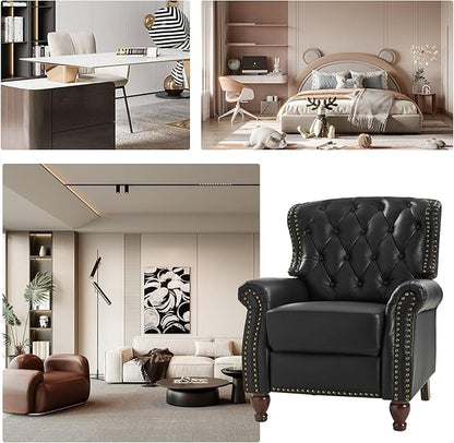 HULALA HOME Genuine Leather Recliner Chair with Solid Wood Feet, Modern Adjustable Tufted Push Back Arm Chair w/Rivet Decoration, Home Theater Seating Single Reclining Sofa for Living Room, Black