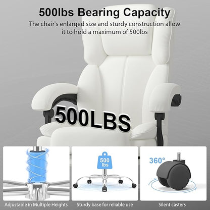 Big and Tall Office Chair, Executive Home Office Desk Chair, Leather Computer Chair with Retractable Footrest, Adjustable Headrest and Reclining Height, Padded Arms, 360°Swivel Free, Wide Seat, White