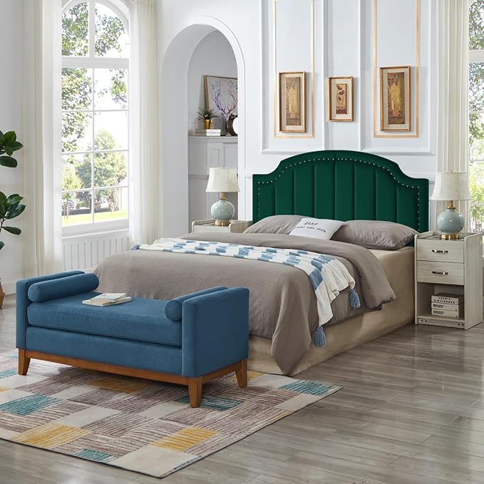 24KF Velvet Fabric Upholstered Queen/Full Headboard with Nail Trims,Modern Vertical Channel Design with Curved Headboard, 6052-Q-Jade