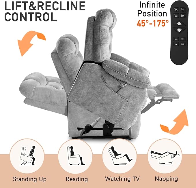 EONIX Oversized Wide Big Man Power Lift Recliner Chair for Elderly with Heat and Massage, 400lbs Dual Motor Lay Flat Electirc Lift Chair with Extended Footrest, SLRY008063, Grey