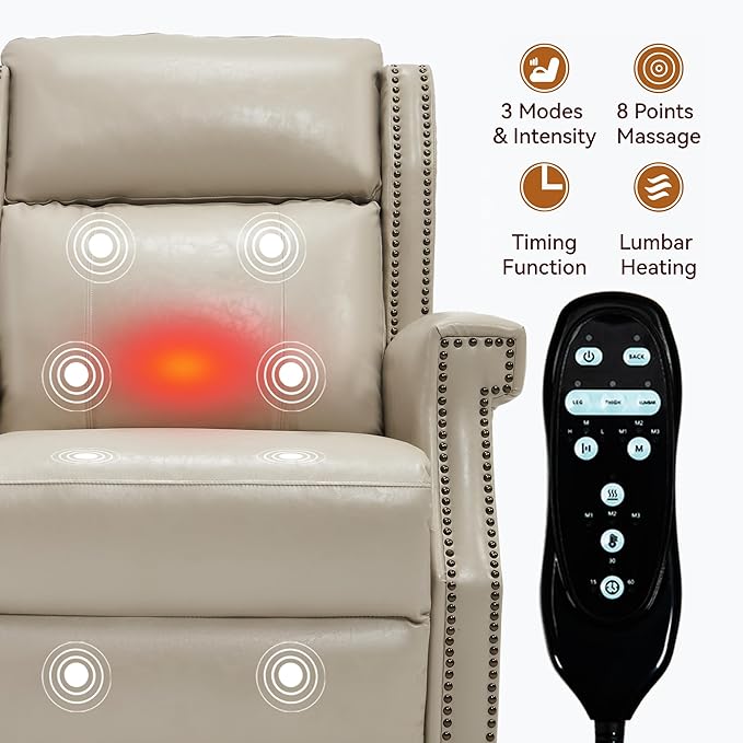 Manual Recliner Chair with Massage & Lumbar Heat, Breathable Leather Reclining Chair for Adults, Humanized Design Easy to Install Living Room Recliners Beige