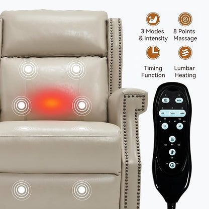 Manual Recliner Chair with Massage & Lumbar Heat, Breathable Leather Reclining Chair for Adults, Humanized Design Easy to Install Living Room Recliners Beige
