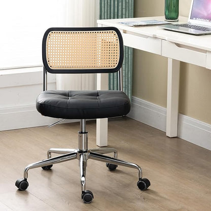 Mid Century Modern Home Office Chair with Wheels, Armless Leather Rattan Desk Chair, Upholstered Adjustable Height Swivel Computer Chair, Black