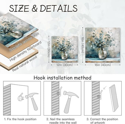 Framed Eucalyptus Leaf Wall Art, Sage Green Botanical Canvas Print, Rustic Farmhouse Bathroom Wall Decor, Soft Blue Floral Aesthetic Picture for Bedroom living Room 16x16 inch