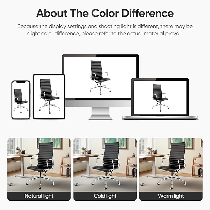 Ribbed Office Chair with Top Grain Leather - High Back Ergonomic Desk Chair with Aluminum Arms & Frame, Swivel Wheels & Tilt Function, Adjustable Height