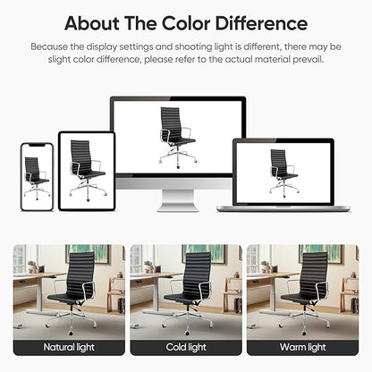 Ribbed Office Chair with Top Grain Leather - High Back Ergonomic Desk Chair with Aluminum Arms & Frame, Swivel Wheels & Tilt Function, Adjustable Height