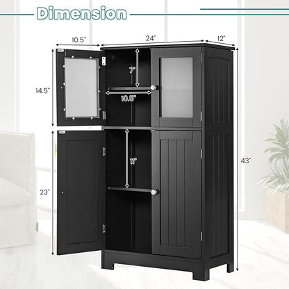 COSTWAY Bathroom Storage Cabinet, Wooden Linen Storage Organizer Cupboard with Doors & Adjustable Shelf, Freestanding Floor Cabinet for Living Room, Kitchen, Entryway, Office (Black)