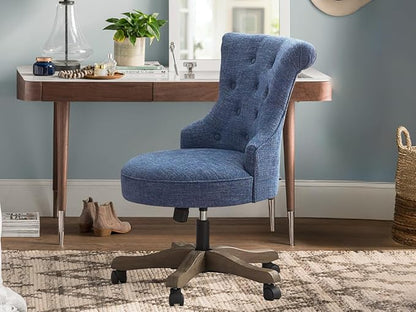 HUIMO Home Office Chair Upholstered Armless Desk Chair with Wheels Adjustable Height Computer Desk Chair with Wooden Legs Linen Comfortable Swivel for Farmhouse Study Studio (Blue)