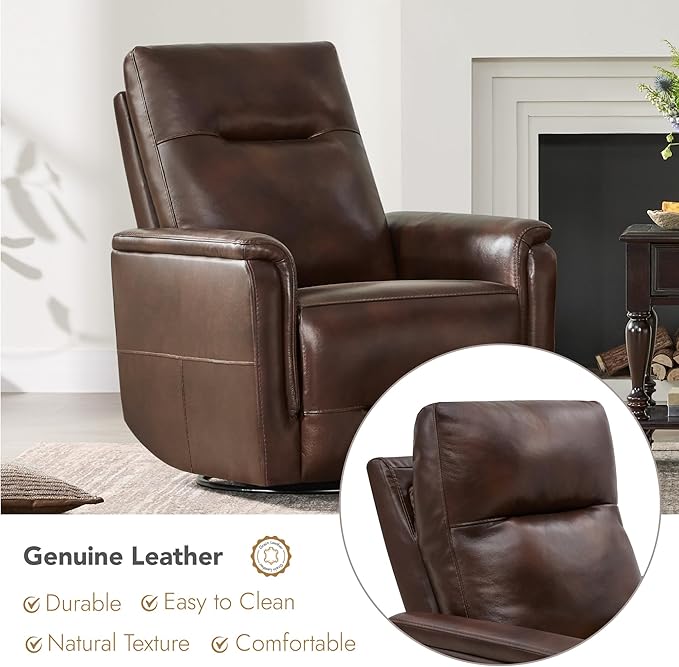 Watson & Whitely Genuine Leather Power Recliner Chairs W Power Headrest for Adults, Swivel Glider Recliner Chair W Charging Ports for Living Room, Dark Brown