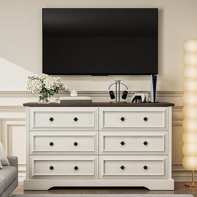 Farmhouse 6 Drawer Dresser for Bedroom, 54" Wide Wood Dresser with Natural Texture, Rustic Chest of Drawers for Bedroom with Vintage Metal Hands, for Living Room, Hallway, Antique White