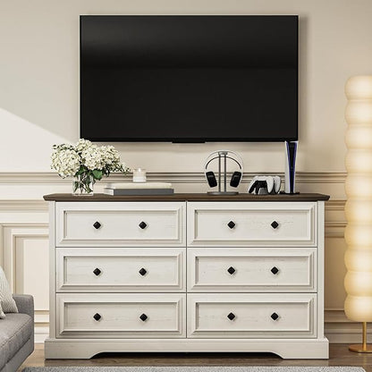 Farmhouse 6 Drawer Dresser for Bedroom, 54" Wide Wood Dresser with Natural Texture, Rustic Chest of Drawers for Bedroom with Vintage Metal Hands, for Living Room, Hallway, Antique White