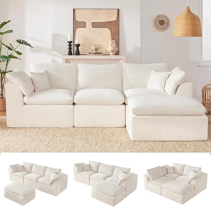 112" Cloud Sectional Couch, Boneless Couches for Living Room, L Shaped Couch with Convertible Ottoman, Modular Sectional Sofa with Deep Seat, Comfy Soft Cushions, No Assembly, Beige