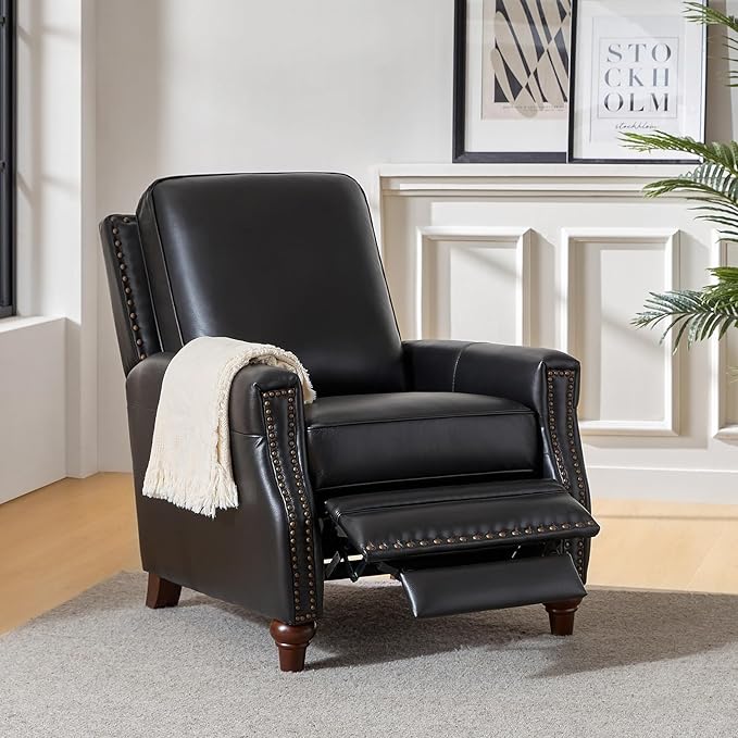 HULALA HOME Genuine Leather Recliner Chair Set of 2, Push Back Recliner Armchair with Thick Seat and Backrest(Black)