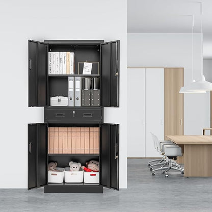 Metal Storage Cabinet, 71 Inch Tall Metal Storage Cabinet with Doors and Shelves, Pantry Cabinets with Drawer for Kitchen Storage, Garage Cabinet for Living, Dining Room, Assemble Required.