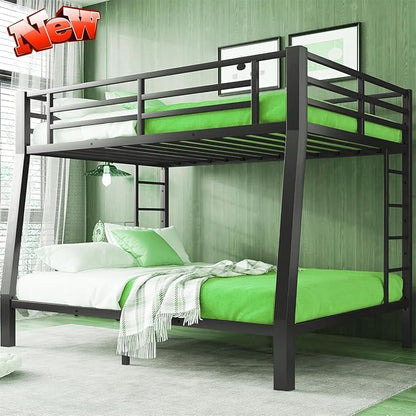 Higher Quality & Stronger Heavy Duty Industrial Style Metal Full XL Over Queen Bunk Bed, Thickened More Stable Black Steel Bunkbed Bunk Queen Bed (Easier to Assemble) (Full XL Over Queen)