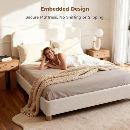 Cloud Bed Frame, Soft Boucle Bed Frame with Adjustable Headboard, Solid Wood Legs, Rounded Corners Design & Easy Assembly – Modern Platform Bed, Twin Cream
