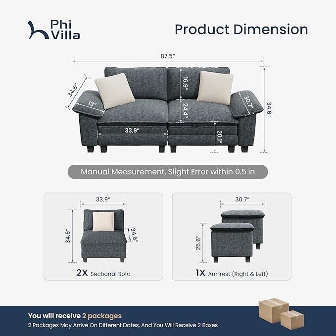 PHI VILLA Indoor Modular Couches Sets, 87.5" Sectional Loveseat Sofa with Upholstered Deep Seat, 2-Seater Comfy Couches for Living Room Bedroom, Chenille Fabric, Dark Cyan