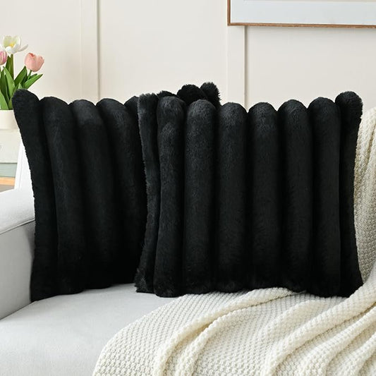 FUTEI Black Decorative Throw Pillow Covers 16x16 Inch Set of 2, Square Soft Faux Rabbit Fur Thick Striped Cushion Cover,Winter Home Decor for Couch Bed Living Room
