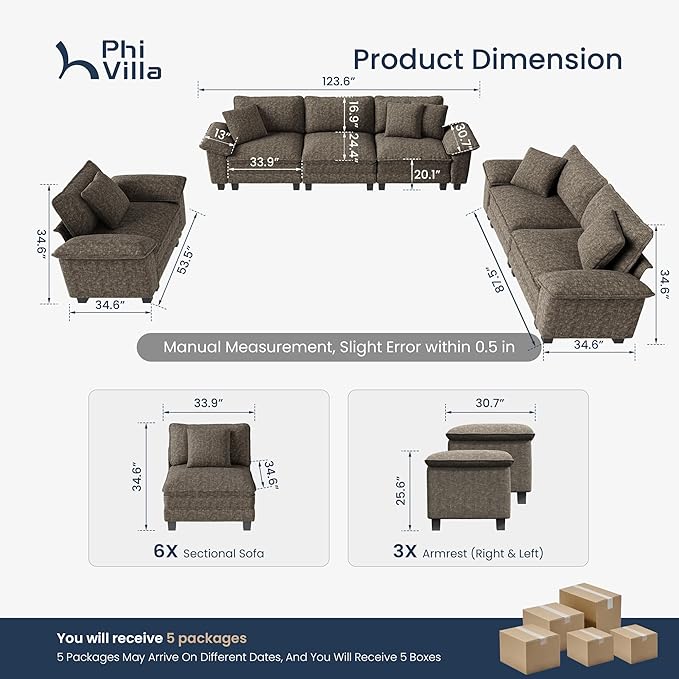 PHI VILLA Cloud Modular Couches Sets, 3 Pieces Large Sectional Sofa Set with Loveseats & Single Sofa, 6-Seater Upholstered Couch for Living Room, Chenille Fabric, Smoky Grey