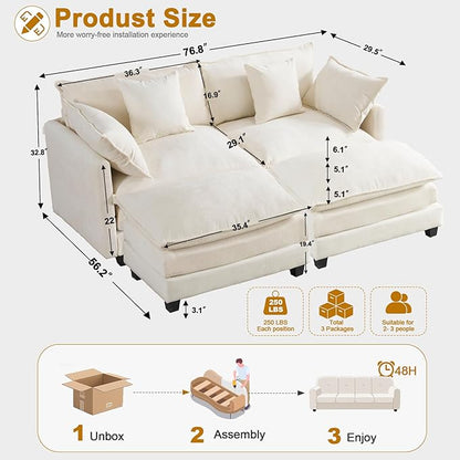Expandable L-Shaped Sectional Sofa with Ottoman for Apartments, 77" Cloud Chenille Sofa, Create a U-Shape Layout with Optional 2nd Ottoman, Solid Wood Frame, Easy Assembly