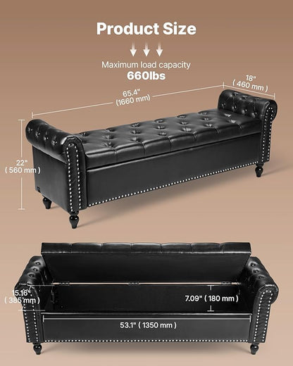 VEVOR Button-Tufted Storage Ottoman Bench, Rolled Arm PU Leather Bench with Solid Wood Legs, Modern Shoe Benches Seat for Entryway, Upholstered End of Bed Benches for Living Room, Dining Room, Black