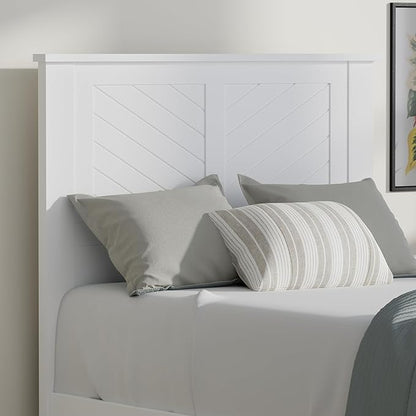 Serene Farmhouse Style Wood Bed in Twin Size with Chevron Scoring Headboard, Coastal Modern Design, Sturdy, Easy Assembly, Ample Underbed Storage, White Finish