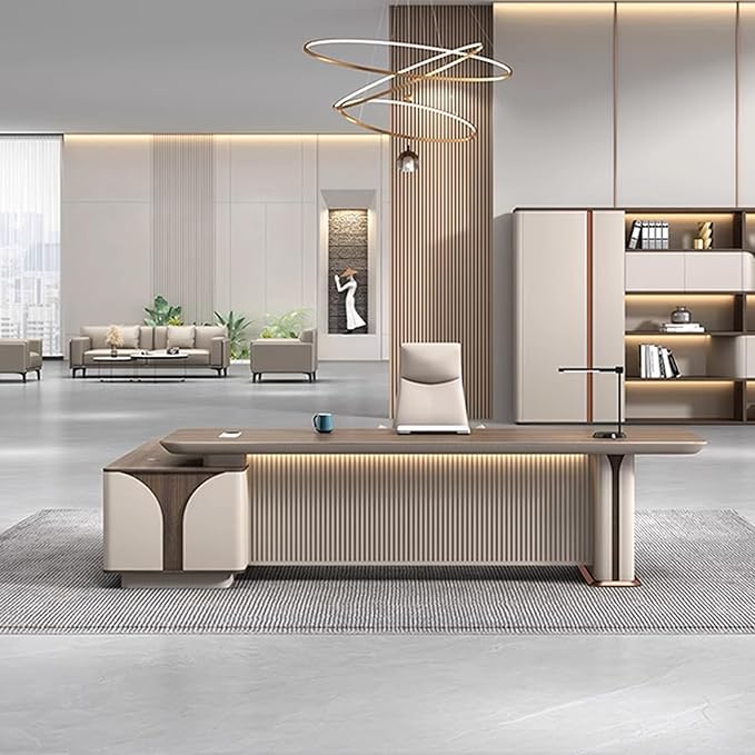 94IN L Shaped Executive Desk - Executive Office Desk with Side Cabinet & Grille Front Baffle & Embedded LED Strip & Mechanical Password Lock & Double-Layer Countertop & Gold Foot Pad
