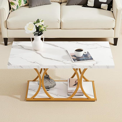 VEVOR Coffee Table, Modern Faux Marble Coffee Table, Large 2-Tier Rectangle Center Desk with Geometric Legs, Minimalist Sturdy Metal Frame Accent End Desk for Living Room, Office, Easy Assembly, White