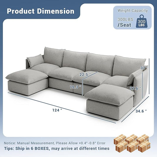 124" Cloud Modular Sectional Sofa, Waterproof Down Filled Sectional Couch, High Backrest U Shaped 4 Seater Couch with 2 Ottomans, Modern Modular Sofas with Removable Cover, Light Gray
