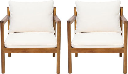 Christopher Knight Home Veera Set of 2 Acacia Wood Lounge Chair Outdoor with Rope Accent, Accent Chair with Water-Repellent Cushions, Comfy Chairs for Garden/Backyard, Patio Furniture, Teak + Cream
