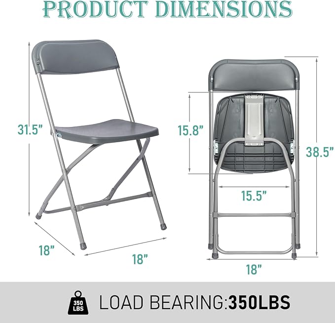 10 Pack Plastic Grey Folding Chairs,Portable Party Chairs Stackable Commercial Seats with Steel Frame for Office Home Outdoor Indoor Wedding Party Patio Dinning Events,350lbs Capacity