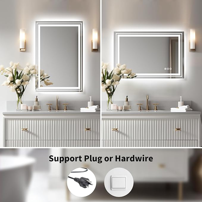 WTTY LED Bathroom Mirror with Backlit and Front Light, 23.6" X 31.5" Stepless Dimmable LED Mirror for Bathroom,Anti-Fog Lighted Bathroom Vanity Mirror Modern for Wall,Memory Function,Shatter-Proof