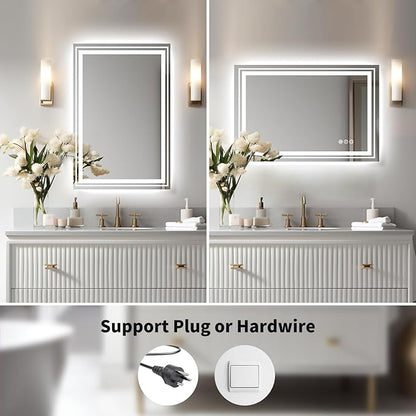 WTTY LED Bathroom Mirror 20"x 28" with Backlit and Front Light,Dimmable LED Mirror for Bathroom,Anti-Fog Lighted Bathroom Vanity Mirror Modern for Wall,Memory Function,Shatter-Proof