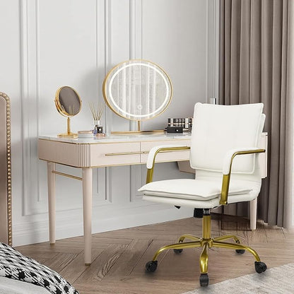 CLATINA Leather Home Office Desk Chair, Swivel Mid-Back Computer Chair with Golden Legs and Arms, Comfy Upholstered Task Chair with Wheels, White