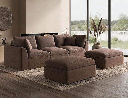 110" Cloud Sectional Couches for Living Room, Boneless U Shaped Couch with Ottoman, 3 Seater Modular Sectional Sofa, Brown