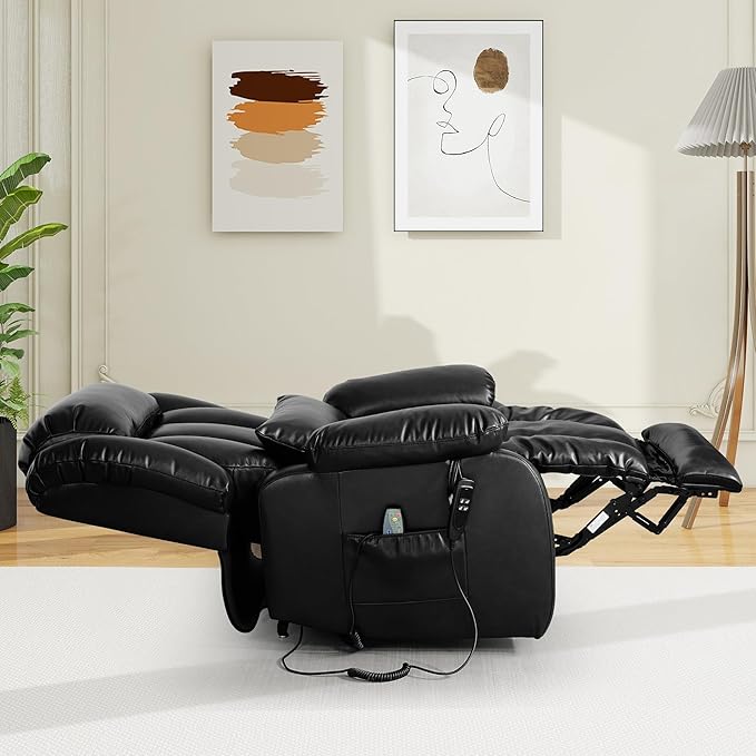 EDILLY Large Lift Chair Recliner, Genuine Leather Dual Motor Recliners Chairs for Elderly, Heating and Massage for Seniors, Double Lumbar Cushions and Extended Footrest, USB/Type-c Port(Black)
