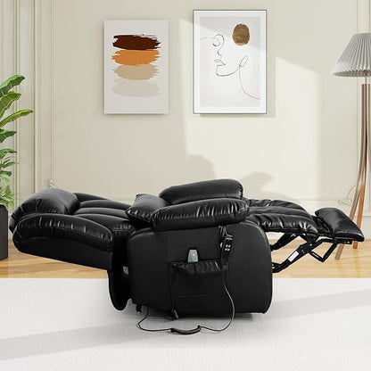 EDILLY Large Lift Chair Recliner, Genuine Leather Dual Motor Recliners Chairs for Elderly, Heating and Massage for Seniors, Double Lumbar Cushions and Extended Footrest, USB/Type-c Port(Black)
