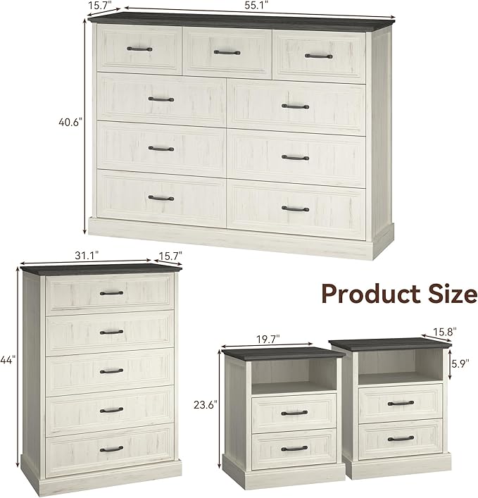 Farmhouse Dresser and Nightstand Sets, 4Pcs Bedroom Furniture Set, Nightstand Set of 2 & 55" Wide 9 Drawer and 44" Tall 5 Drawer Dresser with Large Drawers & Bar Handles, White