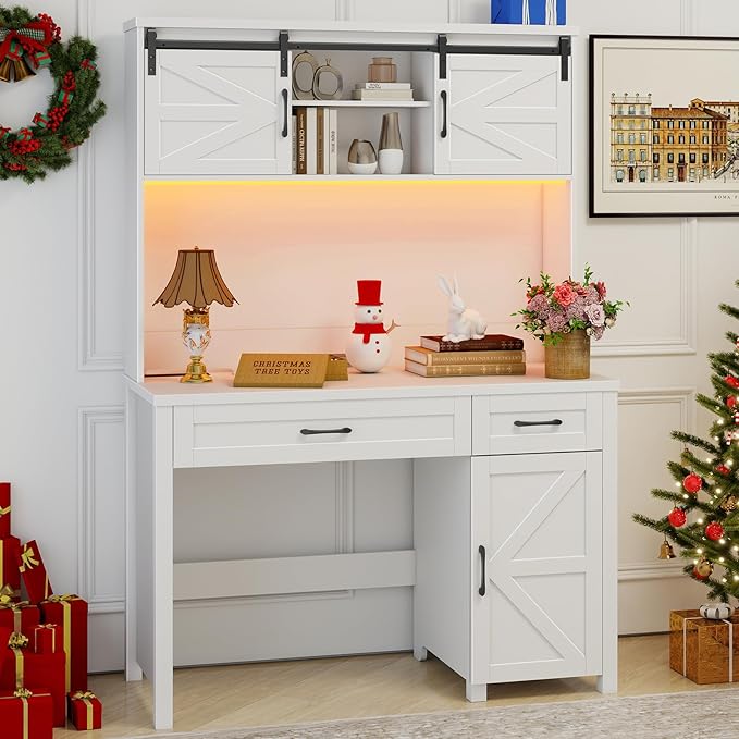 Vabches Farmhouse 47" Executive Desk, Computer Desk with 2 Drawers and Storage Cabinet, Home Office Desk with Hutch, Charging Hub, Workspace for Work and Study,(Cream White)